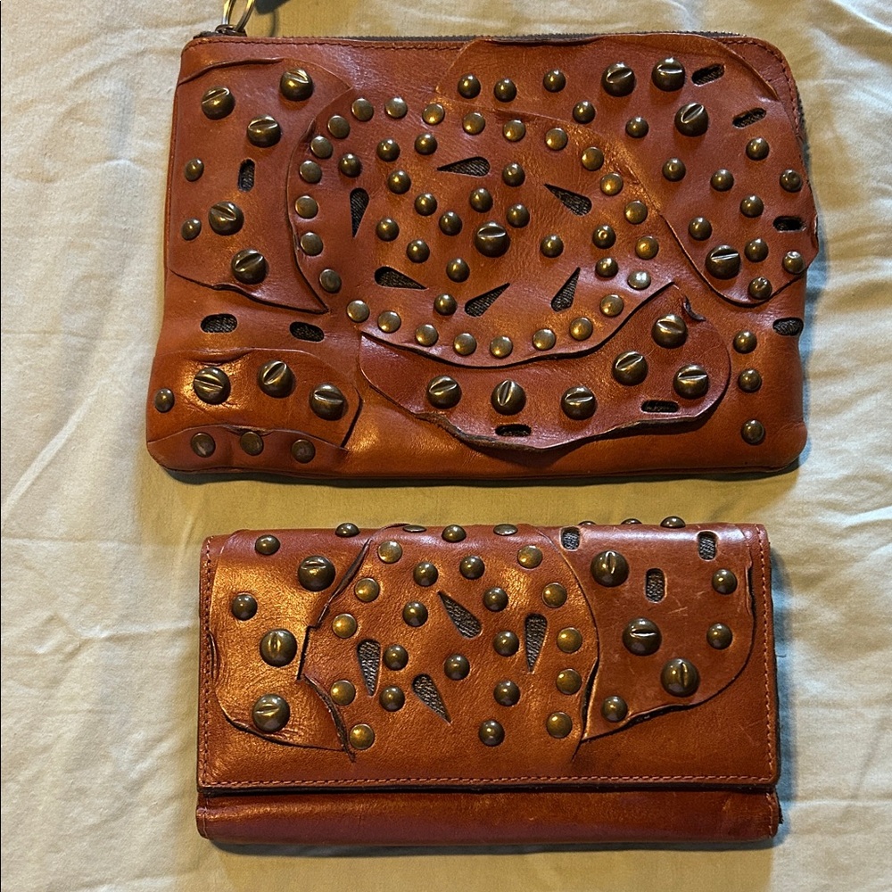 PATRICIA NASH Leather & Denim Studded Clutch & Wallet.